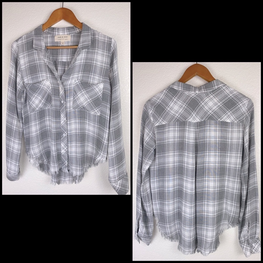 Anthro Cloth & Stone Gray Plaid Frayed Edge Button Down Shirt Top - Picture 2 of 8